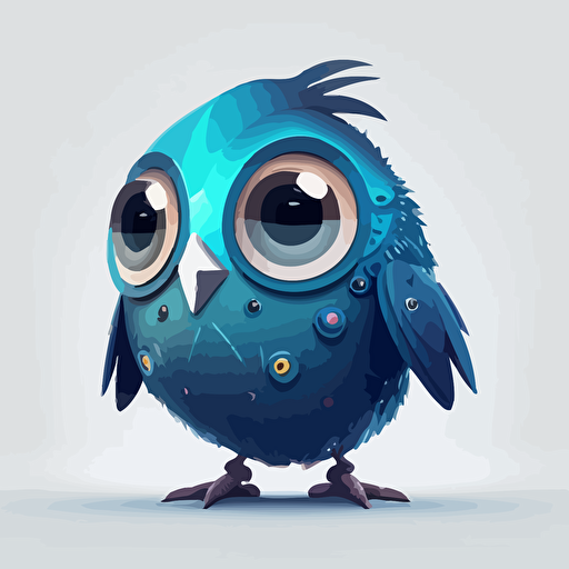 happy, cute, fat, robotic blue bird, large eyes, subtle gradients, colorful feathers, flat style, vector art, 2d