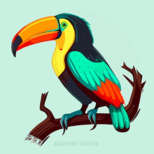 Toucan with turquoise-green plumage. Its beak is yellow. The beak ends in red. Illustration in a children's comic book.. Cartoon, vector, flat colours.::5