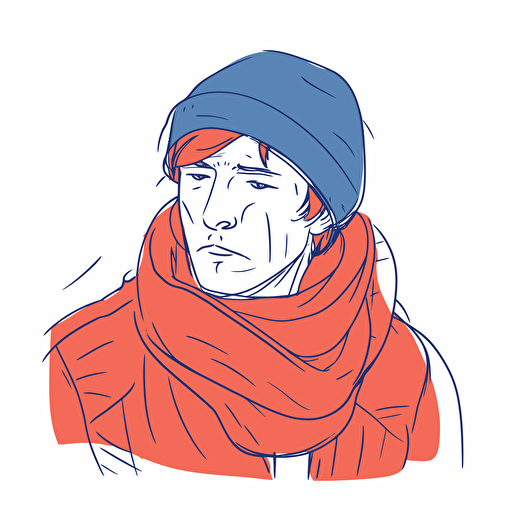 A man with a red nose, in a blue scarf, has a cold. Outline simplified, stylized cartoon illustration for children. with vector fills. concise, minimalistic rendering