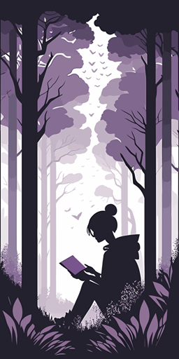 a person reading through a book, forest background, vector, flat art, simple, minimalistic, light purples, white background, insightful