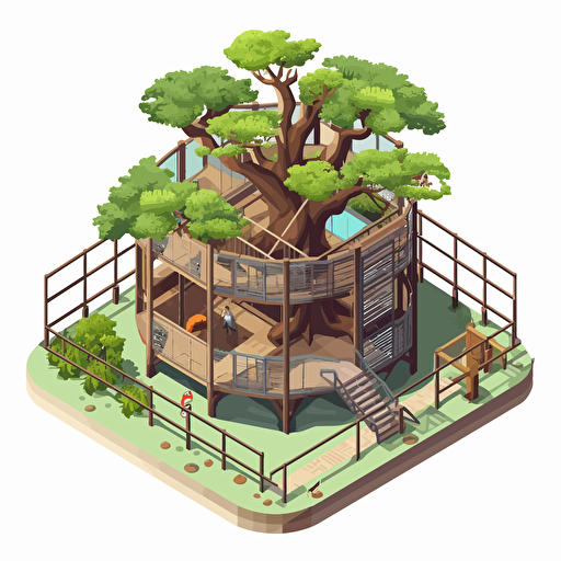isometric cartoon vector image of an empty animal enclosure with large tree in the center, scaffolding, transparent background