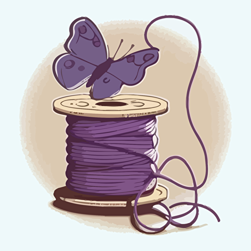 handmade bracelet, purple butterfly, spool of thread, surrounded by a thin rope, logo, vector illustrated, flat design, cartoonish.