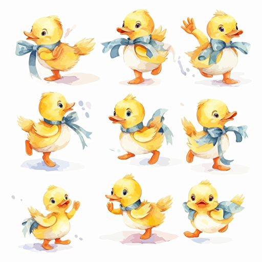 a cute baby duck with a ribbon, poses, jumping, running, swimming, laughing, sad, scared, flapping wings, shy, vector collection with white background, with margins, watercolor, cartoon kawaii picture book style,
