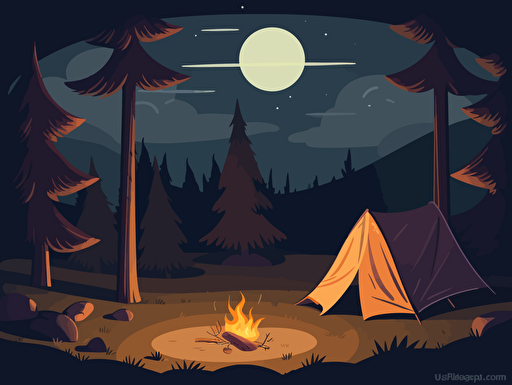 Cartoon picture of campfire and tent at night, warm glow, vector, svg