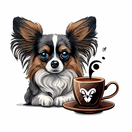 A cute papillon dog next to a cup of coffee, vector art logo, cartoonistic style, vector illustration