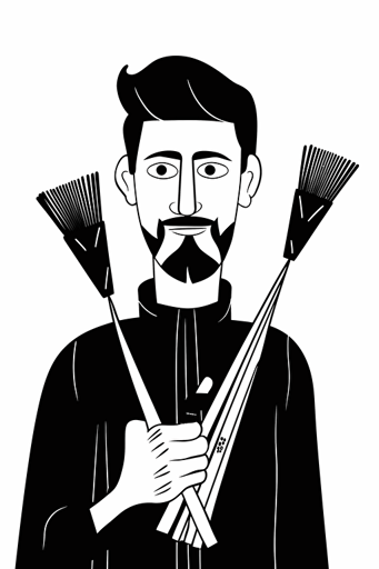 taro card artist with brush, style by Ramy Wafaa, funny, vector, flat, line, black and white