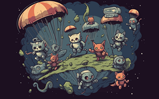 cartoon of a group of anthromoporphic cats dressed in sci-fi battle gear going on an adventure parachuting into an alien planet from their spaceship planets behind them, 2d, vector, hand drawn illustration, nft collection