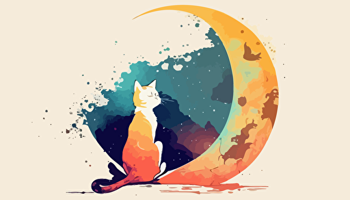 simple, vectors, vectors art,llittle prince style, cat on a moon,hd, pastel, crisp, colourful, plain background,