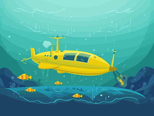 2d vector illustration, yellow submarine under water, attach by a string like a kite by an astronaut stading on the sea bed