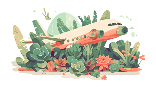 importing succulents on airplane, flat color, vector illustration, for blog thumbnail image, simple, white background