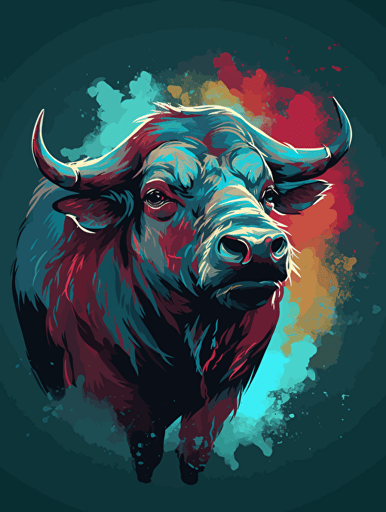 vector art of a fierce Cape buffalo, red, white and turquoise lighting, 300 dpi,