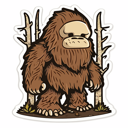 Sasquatch, Sticker, Adorable, Dark, Cartoon, Contour, Vector, White Background, Detailed