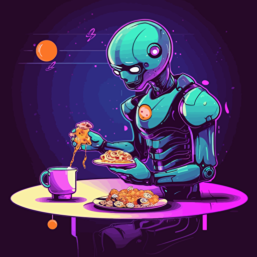 humanoid robot eating canapes while having friendly chat with people friends vector art, vivid colors