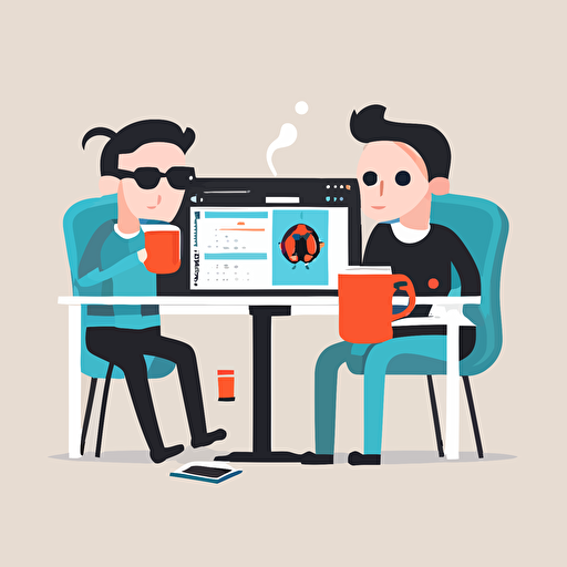 software agency flat vector, 2 developers pointing at notebook, drinking coffee and discuss a bug, in the style of behance