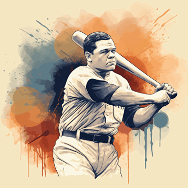 vector illustration of Babe Ruth hitting a baseball, in vivid details, in vivid colors
