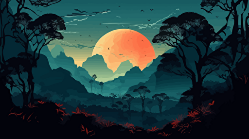 landscape of a foreign jungle planet with mountains, illuminated flora, slighly dark, vector illustration