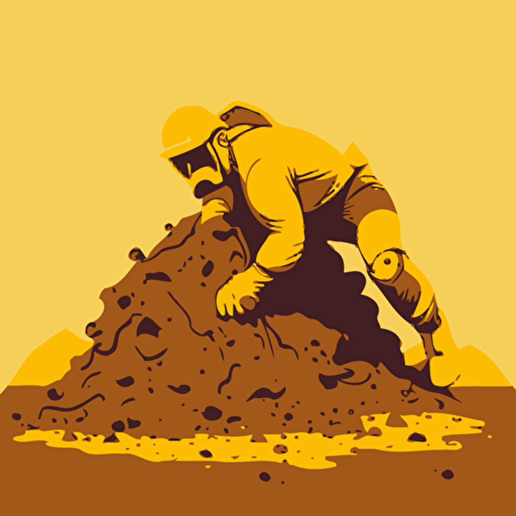 mutlicoloured vector with no gradients, yellow coloured worker climbing a pile of dirt on all fours