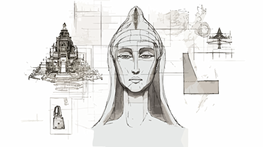 A technical drawing of a machine learning model architecture analysis of an image of a religious icon, an image consisting of a lot of vectors, a charcoal sketch with white background