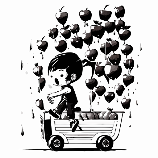 Black and white vector illustration of little boy flying over fruit vendor cart