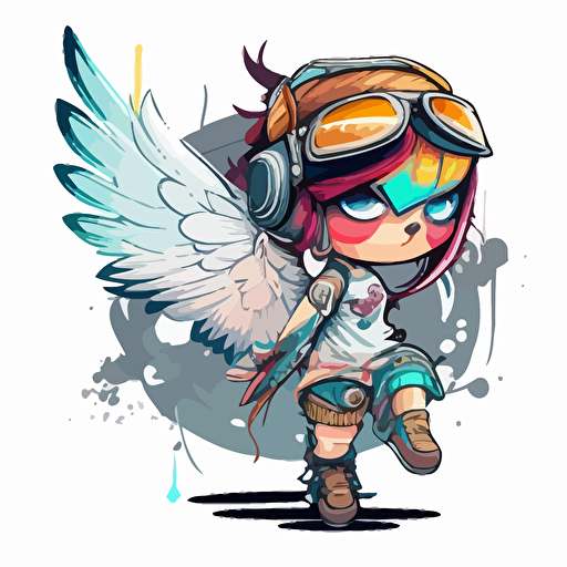 a very cute female angel wearing very big sunglasses dressed up as a warrior, as a cartoon type, as a vector, white background, bright graffiti colors