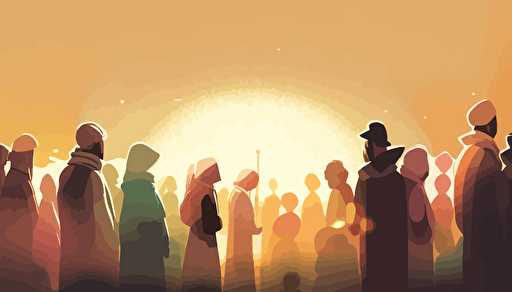 vector art, softly colored animated people, group, praying together, sunny background wide angle with some depth of field