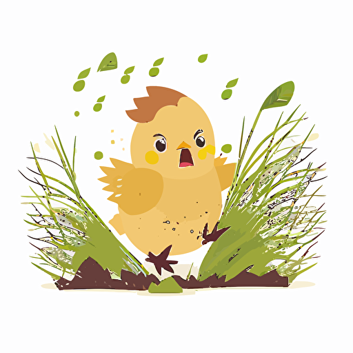 scared baby yellow chick being blown in the wind with leaves and grass blowing, white background, flat color vector art