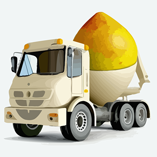 concrete mixer truck with pear fruit, vivid colors, white background, vector style