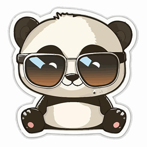 sticker, a Cute baby panda with sunglasses, kawaii, contour, vector, white background