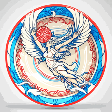 amazing vector 2d creative design style with great detail and incredible artistic perception artifact Japanese ukiyoe anime disc golf throwing pro with Alphonse Mucha detail circle with a white background, edge frame has amazing design detail with blue white red vivid contrast flying disc frisbee ethereal