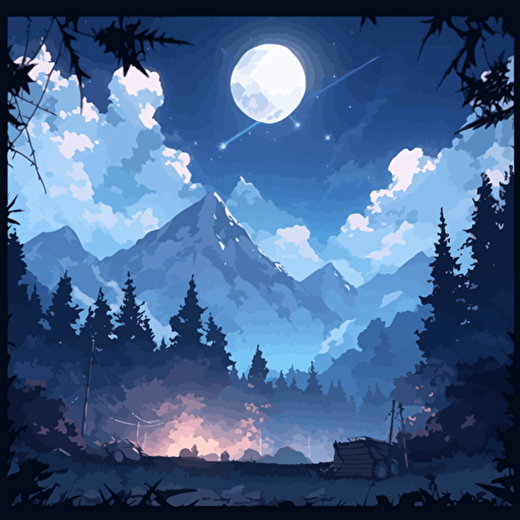the night in the mountains in japan, full moon, relaxing picture, vector style