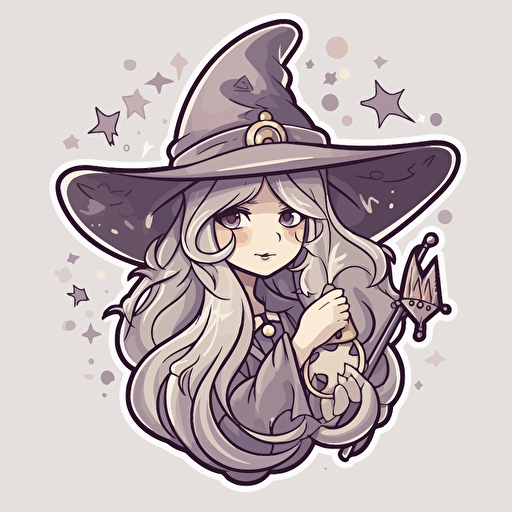 witchy, Sticker, Adorable, Muted Color, Yugioh Design, Contour, Vector, White Background, Detailed