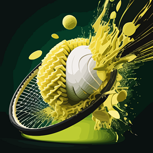 3-D vector image of a tennis ball coming out of tennis racket breaking the strings just like this, illustration, vector style, hyperdetailed
