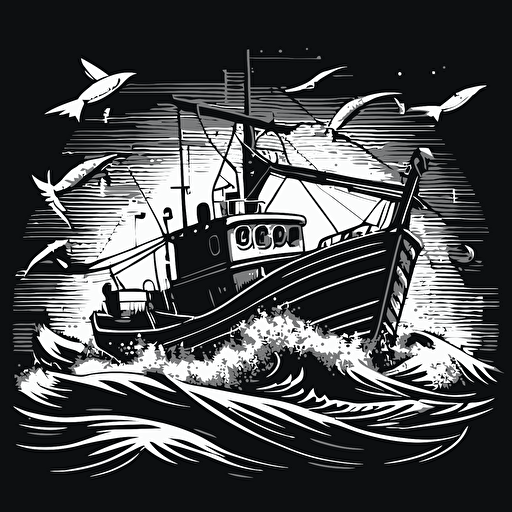 fishing ship monocrome comic vector style minimalistic