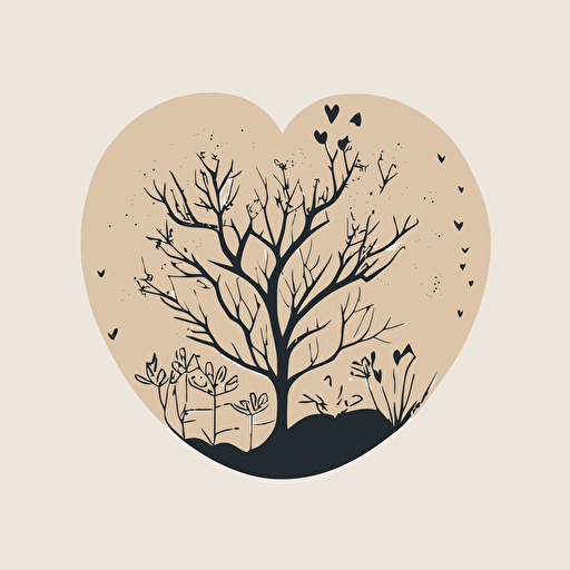 create a black outline on white background logo in a minimalist, modern japandi style with a love heart and earthy tones, vector, no colour, modern, Scandinavian, oak tree