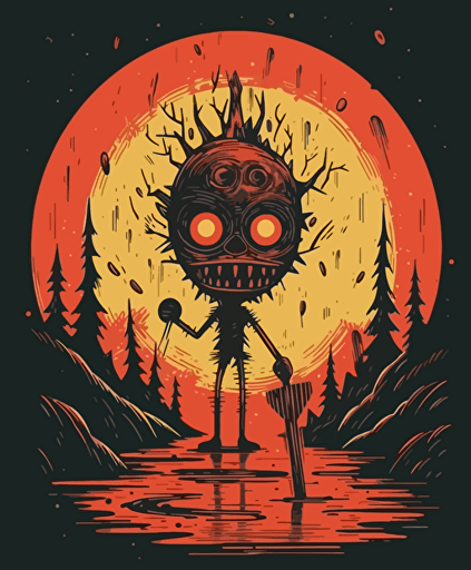 horror pinochio, vector, drybrush, flat illustration, linoprint, dark fantasy, horrific, oni, paranormal, weirdcore, whimsigothic