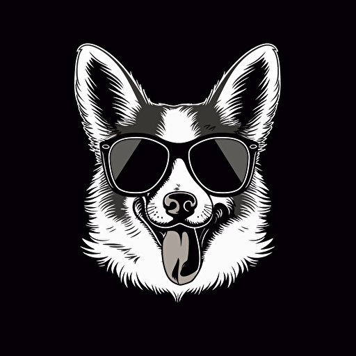a black and white logo of a corgi wearing sunglasses. high resolution vector image