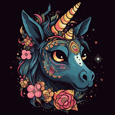 a unicorn, Gothic chibbi unicorn, art style of studio ghibli, detail! Detail! Detail!, new school design cartoon. Vector, 100% black background, ar2:3