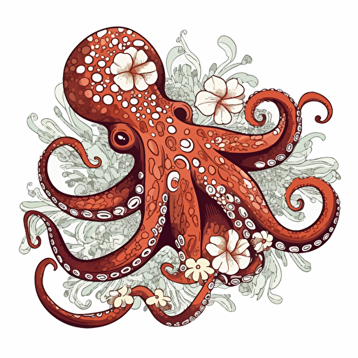 octopus, detailed, cartoon style, 2d clipart vector, creative and imaginative, floral, hd, white background