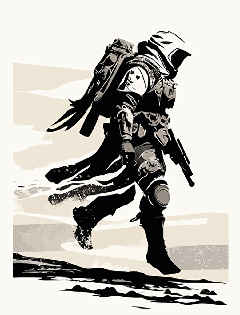 destiny 2 exo race have a gun walking on desolate area, contour, vector, white background