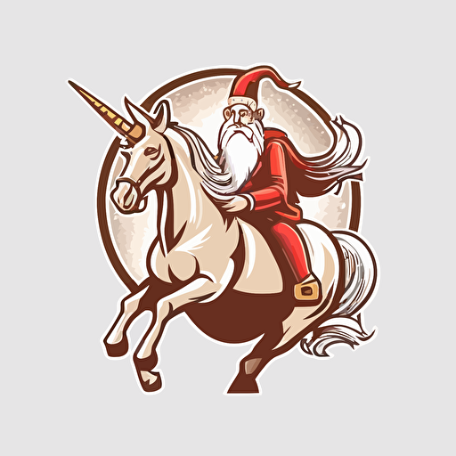 santa riding a unicorn, vector logo, vector art, emblem, simple cartoon, 2d, no text, white background