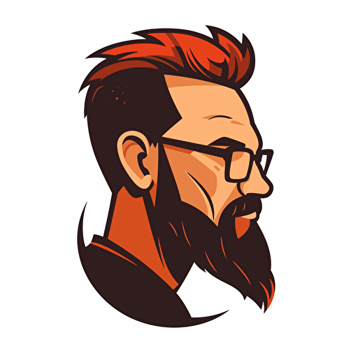 a vectorized logo of a man with glasses, with very short receding hair, with a outlined 5-day red beard looking to the right side, rounded
