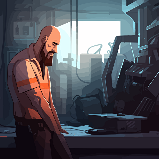 a broken futuristic robot in a workshop. It's maintainer is a bald, bearded Dominican man. The maintainer is looking at it, disappointed. vector art, moody lighting