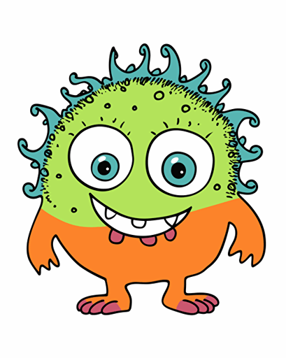 stickers, very cute little monster, smiling, handmade children simple doodle, minimalistic, illustration for babies, delicate, vibrant colors, vivid palette, vector art, defined thick black edges, white background, very simple doodle, symmetric, naif doodle, clip art