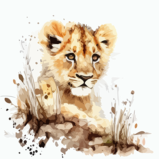 A lion cub looking at you, pastel colors, white background, vector art, watercolours style