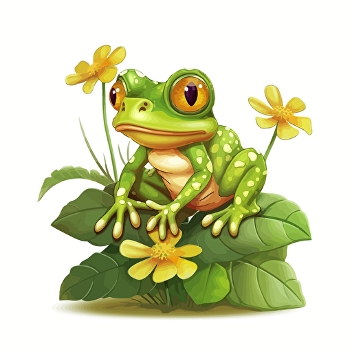 frog sitting on leaf, flowers, detailed, cartoon style, 2d clipart vector, creative and imaginative, hd, white background