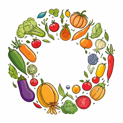 bright colored fruits and vegetables in a circle in doodle style. Vector drawing on a white background
