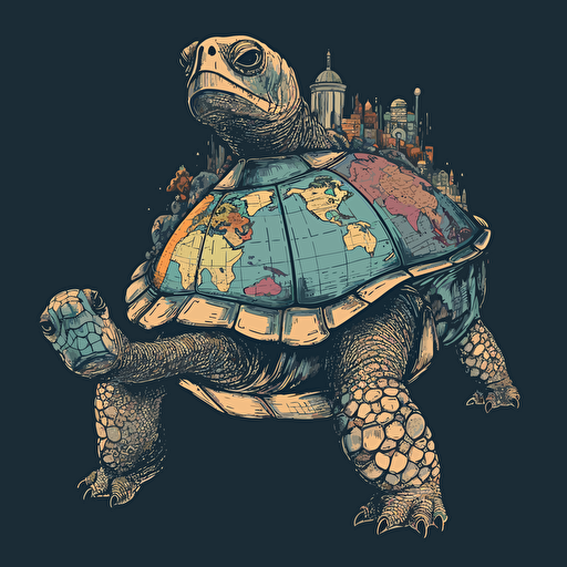 the world turtle, carrying a varied biosphere on its back, extreme detail, vector artwork, style pop and flair,