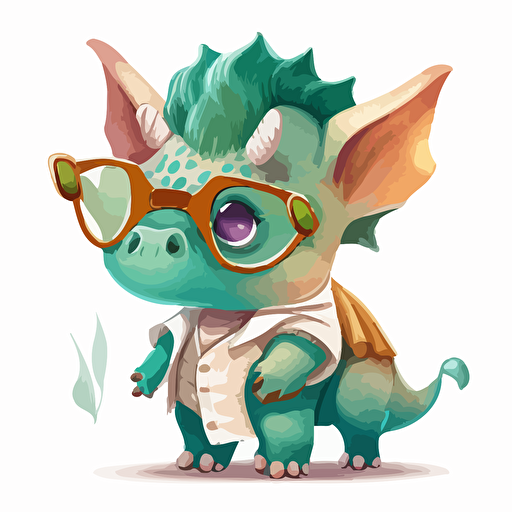 a very cute baby triceratops wearing very big sunglasses dressed up as a doctor, as a cartoon type, as a vector, white background, soft pastel colors