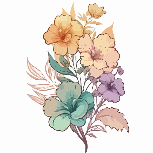 water color style flowers, Sticker, Lovely, Pastel, Disney, Contour, Vector, White Background, Detailed