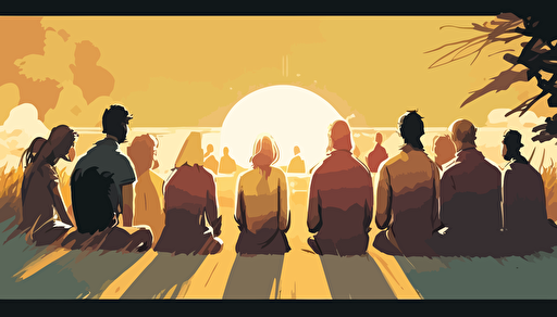WIDE ANGLE shot. A warm sunny summer day nearing sunset as background context. vector art, softly colored. a small group of modern day people have gathered to pray, They are huddled closely together praying with heads bowed and holding each other's hands while they pray enthusiastically, facing the horizon.